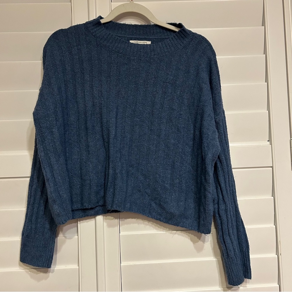 American Eagle Crew Neck Ribbed Cropped Sweater Blue Size Small
